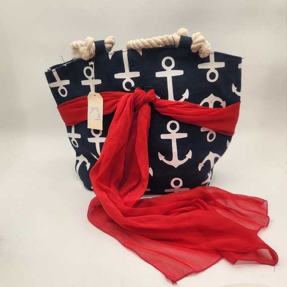 Mud Pie Handbags - NWT Mud Pie Tote Bag Anchor Print Rope Handles Beach Bag Purse Nautical Tote